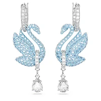 Swan drop earrings, Swan, Blue, Rhodium plated by SWAROVSKI