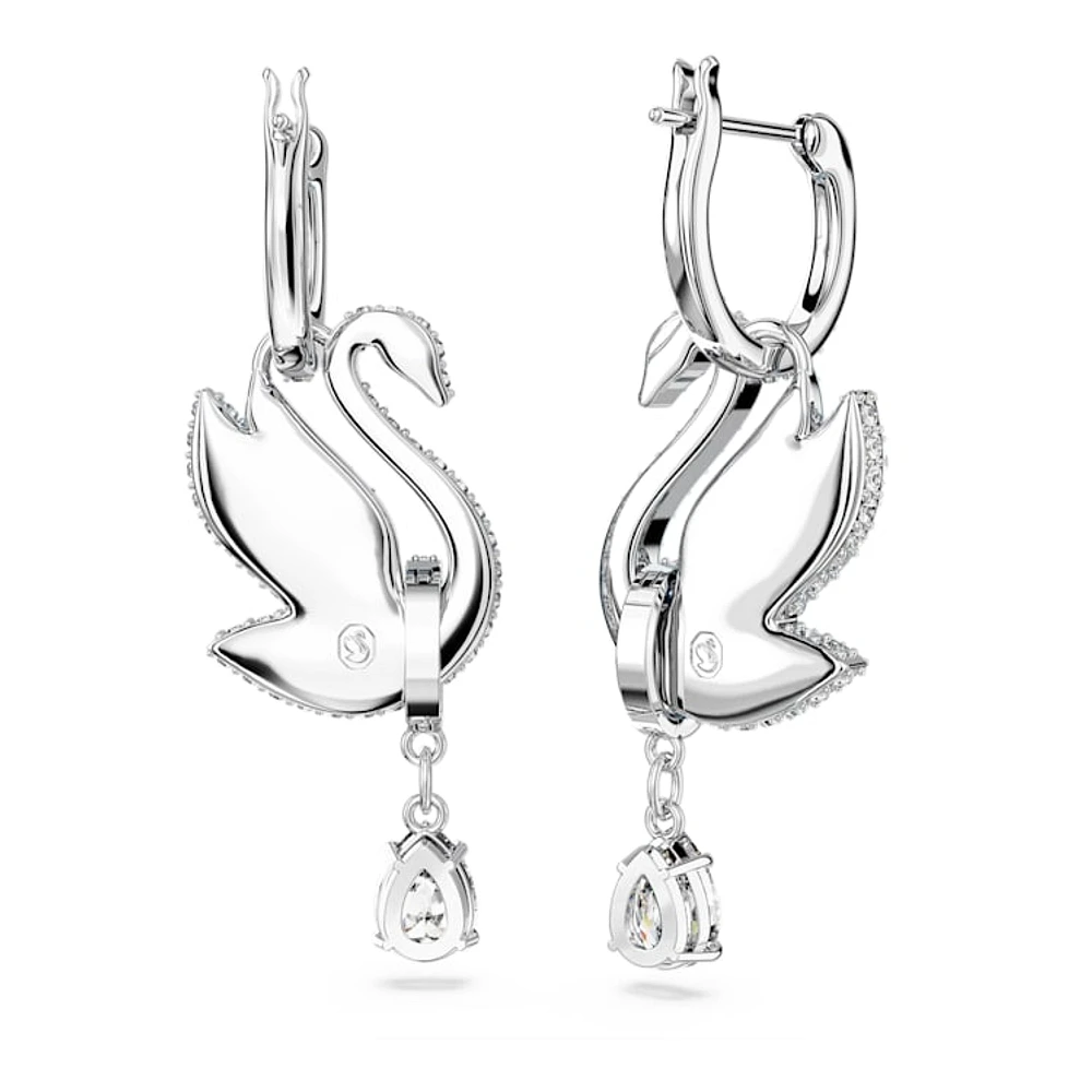 Swan drop earrings, Swan, Blue, Rhodium plated by SWAROVSKI