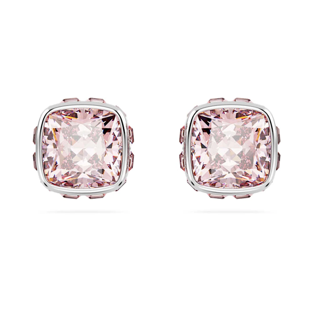 Birthstone stud earrings, Square cut, June, Pink, Rhodium plated by SWAROVSKI