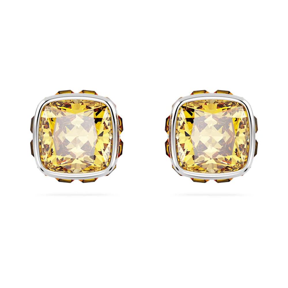 Birthstone stud earrings, Square cut, November, Yellow, Rhodium plated by SWAROVSKI