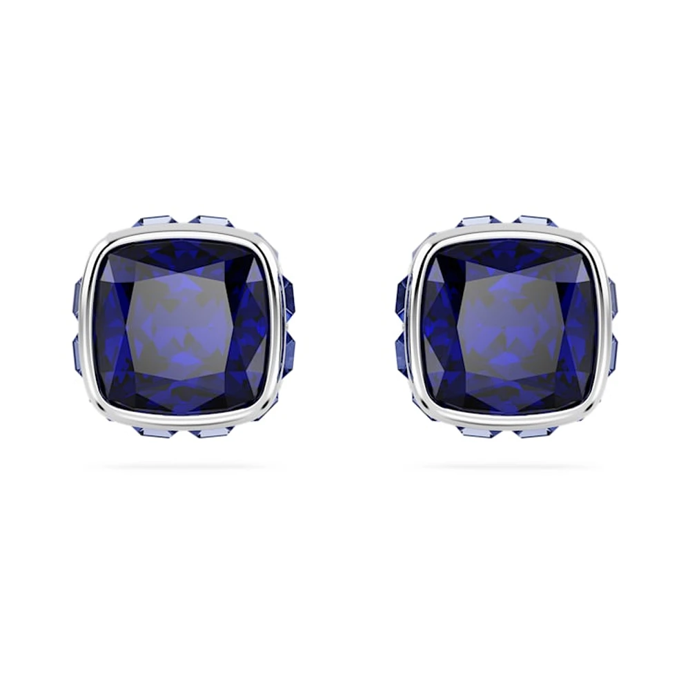 Birthstone stud earrings, Square cut, September, Blue, Rhodium plated by SWAROVSKI