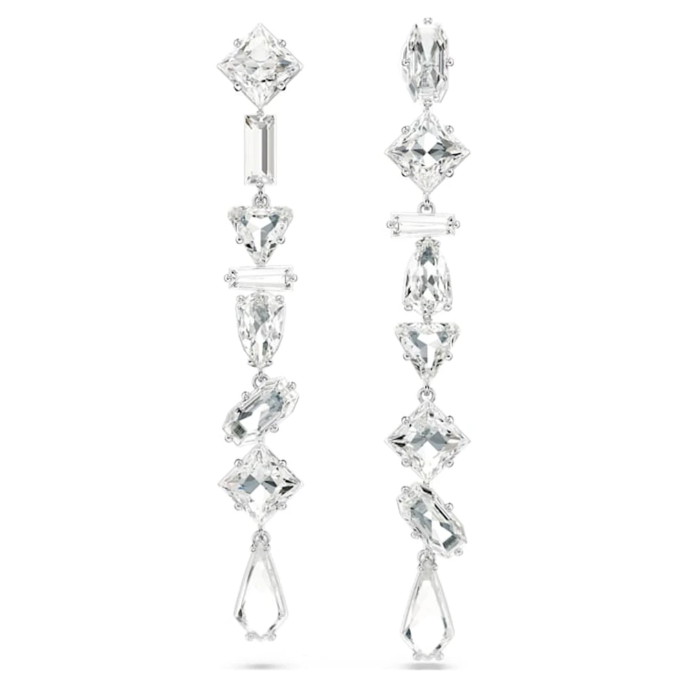 Mesmera drop earrings, Asymmetrical design, Mixed cuts, Long, White, Rhodium plated by SWAROVSKI