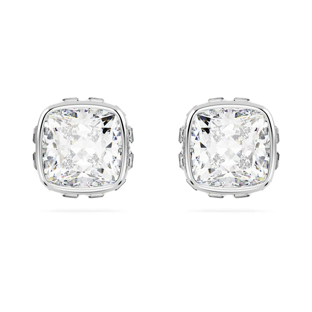 Birthstone stud earrings, Square cut, April, White, Rhodium plated by SWAROVSKI