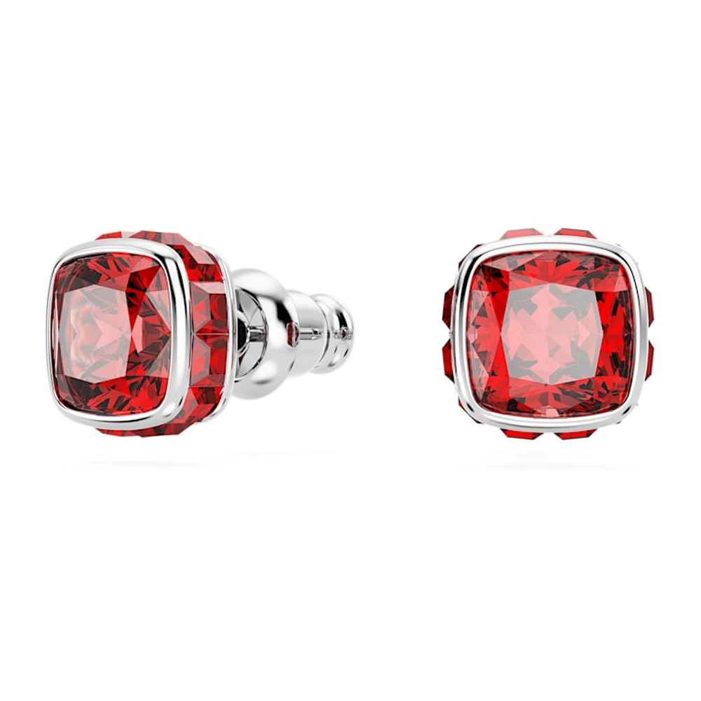 Birthstone stud earrings, Square cut, July, Red, Rhodium plated by SWAROVSKI