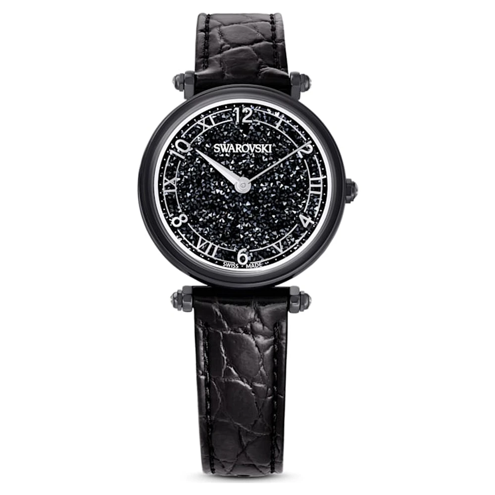 Crystalline Wonder watch, Swiss Made, Leather strap, Black