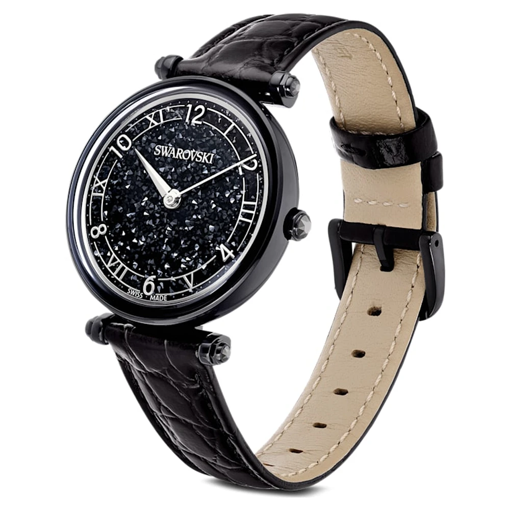 Crystalline Wonder watch, Swiss Made, Leather strap, Black