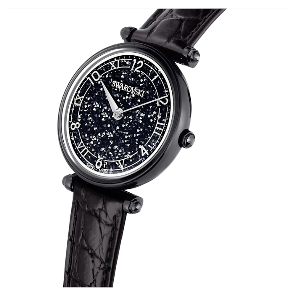 Crystalline Wonder watch, Swiss Made, Leather strap, Black