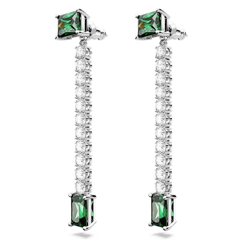 Matrix drop earrings, Mixed cuts, Green, Rhodium plated by SWAROVSKI