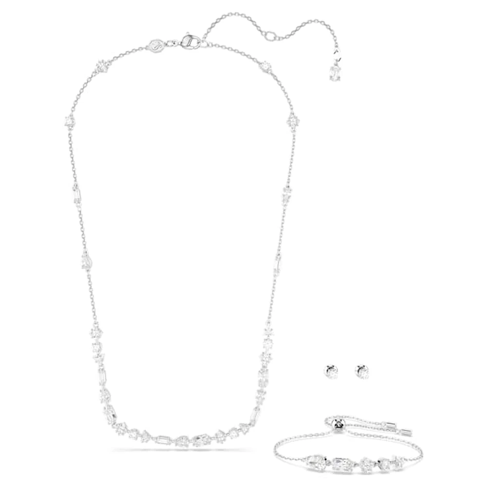 Mesmera set, Mixed cuts, Scattered design, White, Rhodium plated by SWAROVSKI