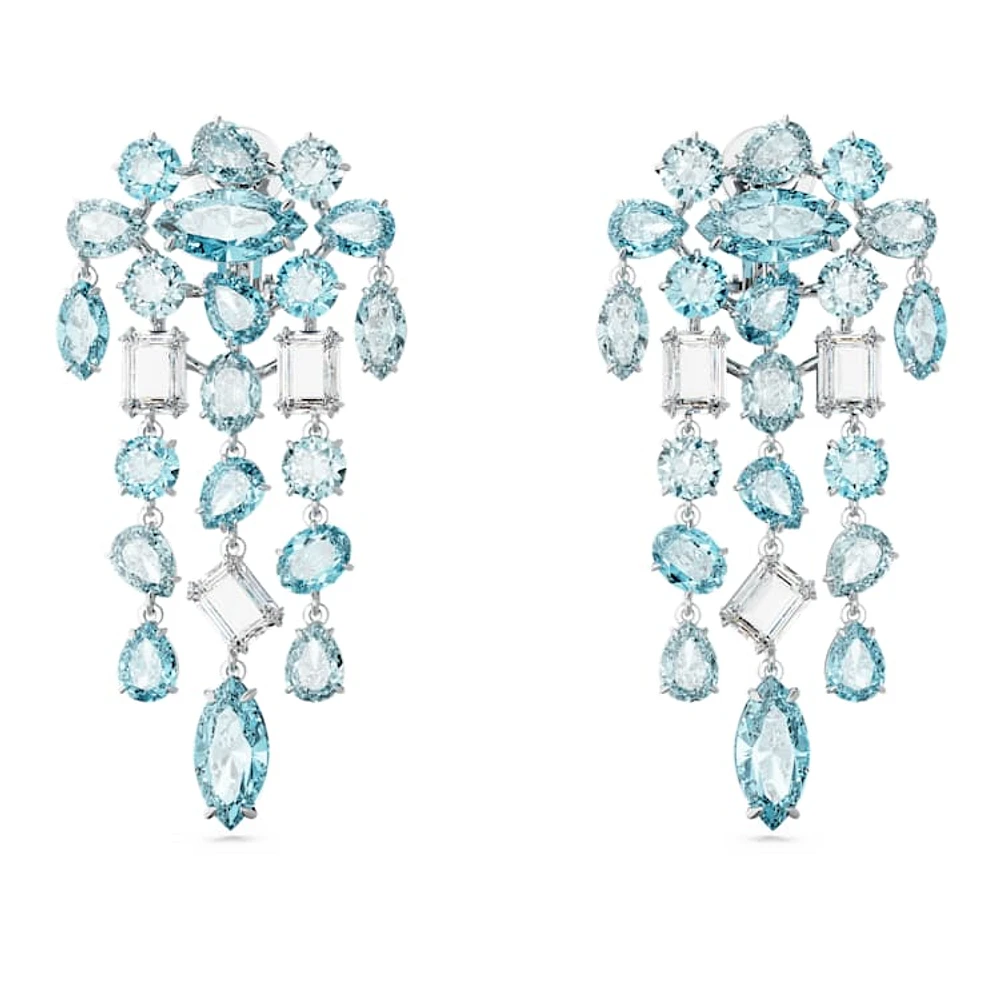 Gema clip earrings, Mixed cuts, Chandelier, Extra long, Blue, Rhodium plated by SWAROVSKI