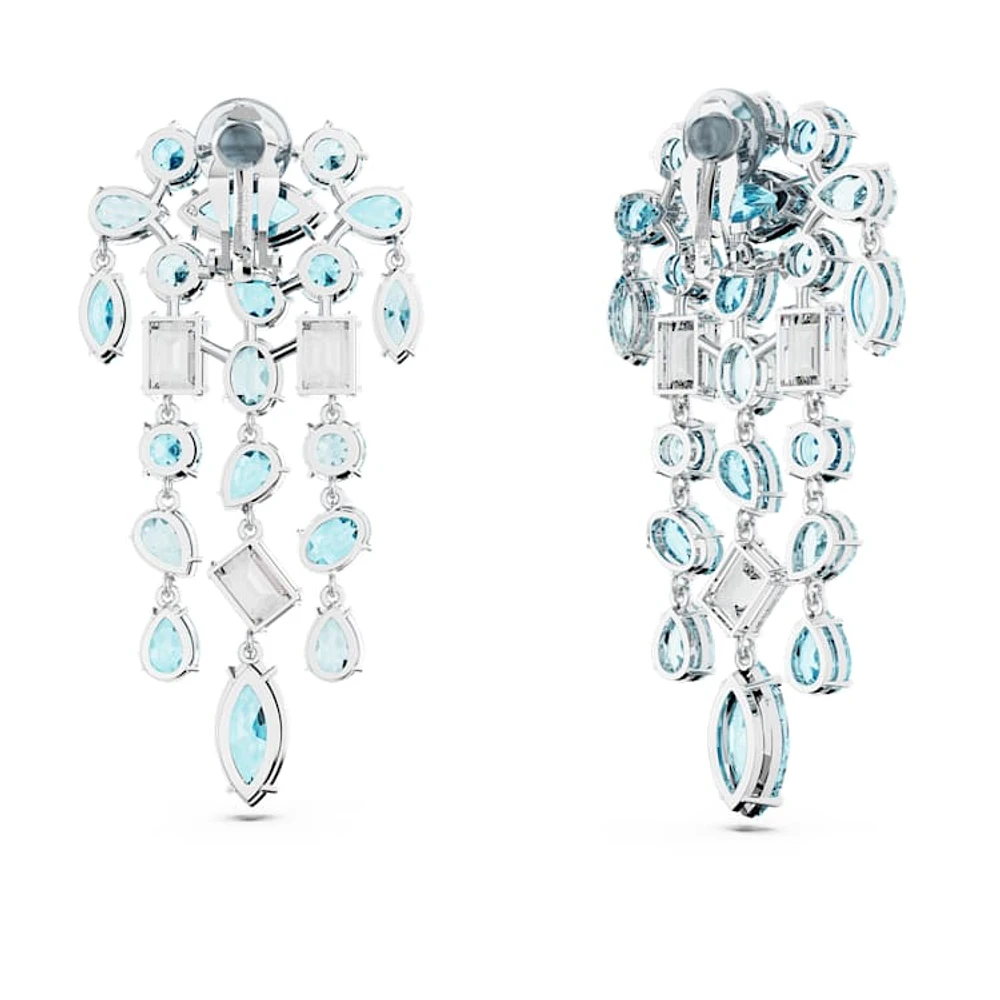 Gema clip earrings, Mixed cuts, Chandelier, Extra long, Blue, Rhodium plated by SWAROVSKI