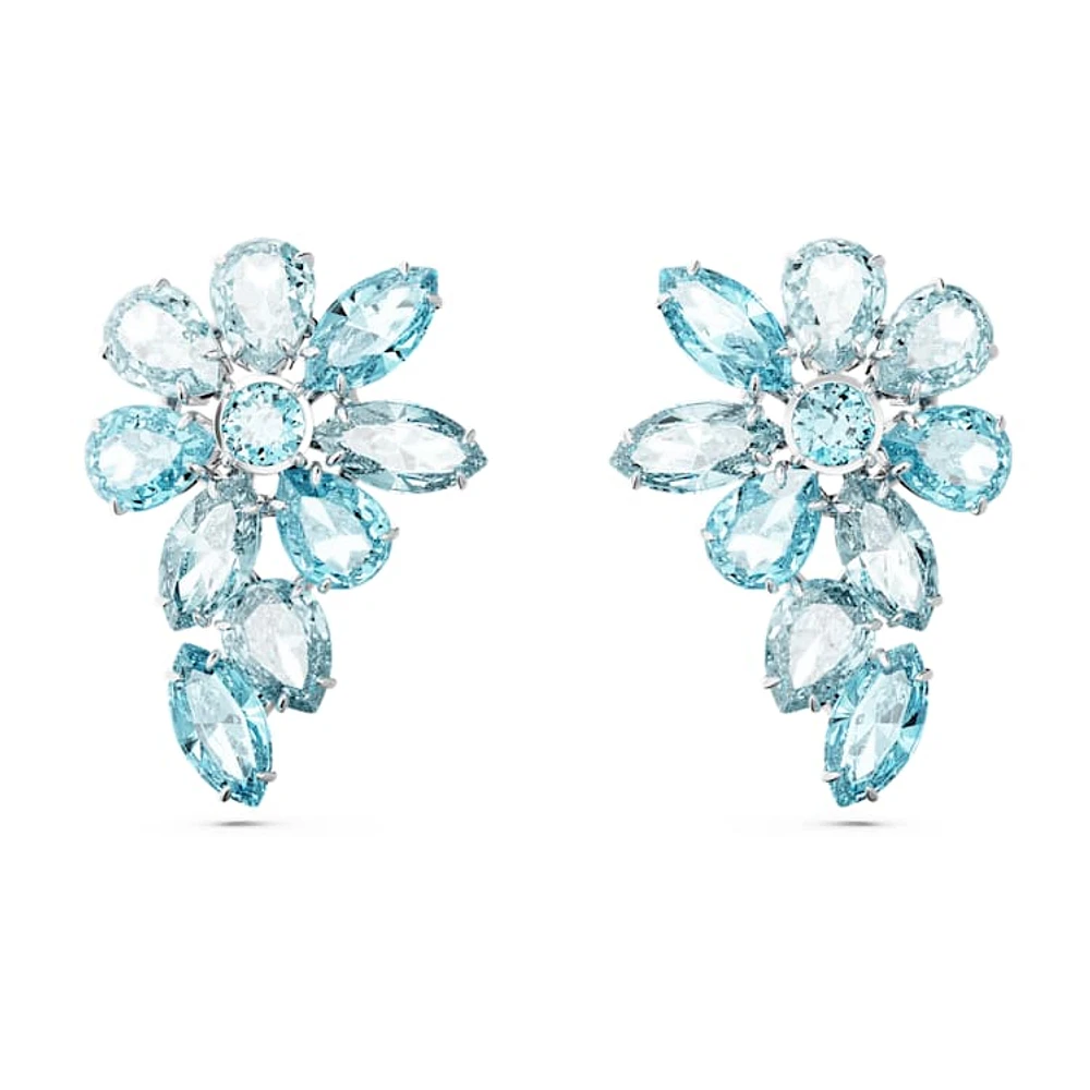 Gema drop earrings, Mixed cuts, Flower, Blue, Rhodium plated by SWAROVSKI