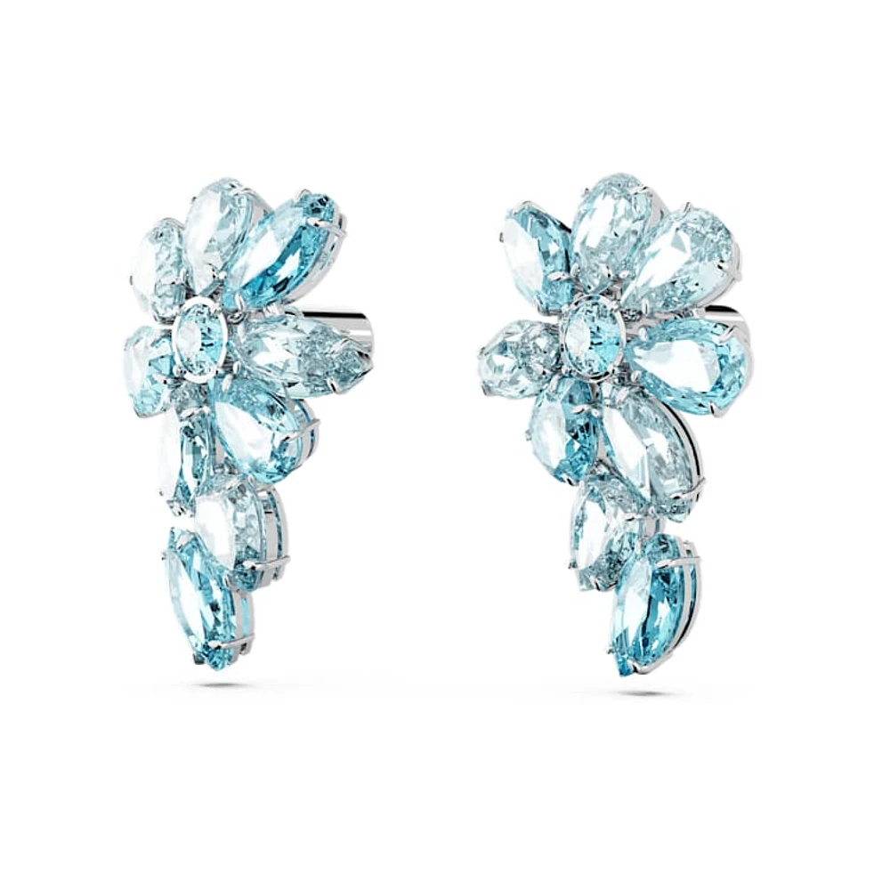 Gema drop earrings, Mixed cuts, Flower, Blue, Rhodium plated by SWAROVSKI