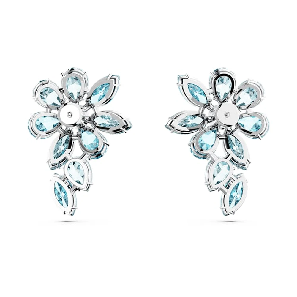 Gema drop earrings, Mixed cuts, Flower, Blue, Rhodium plated by SWAROVSKI