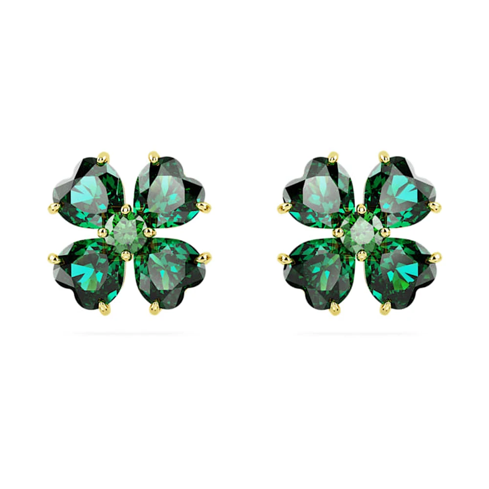 Idyllia stud earrings, Clover, Green, Gold-tone plated by SWAROVSKI