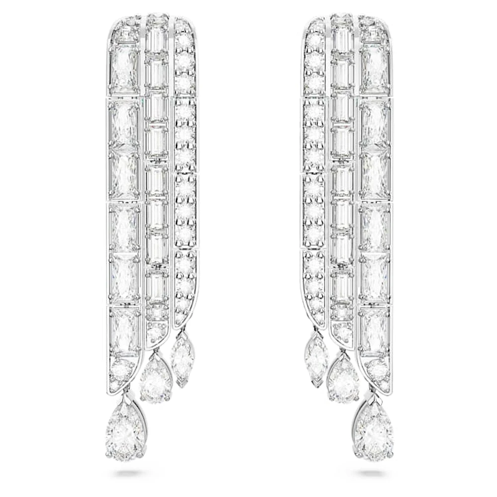 Hyperbola drop earrings, Mixed cuts, White, Rhodium plated by SWAROVSKI