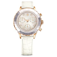 Octea Chrono watch, Swiss Made, Leather strap, White, Rose gold-tone finish by SWAROVSKI