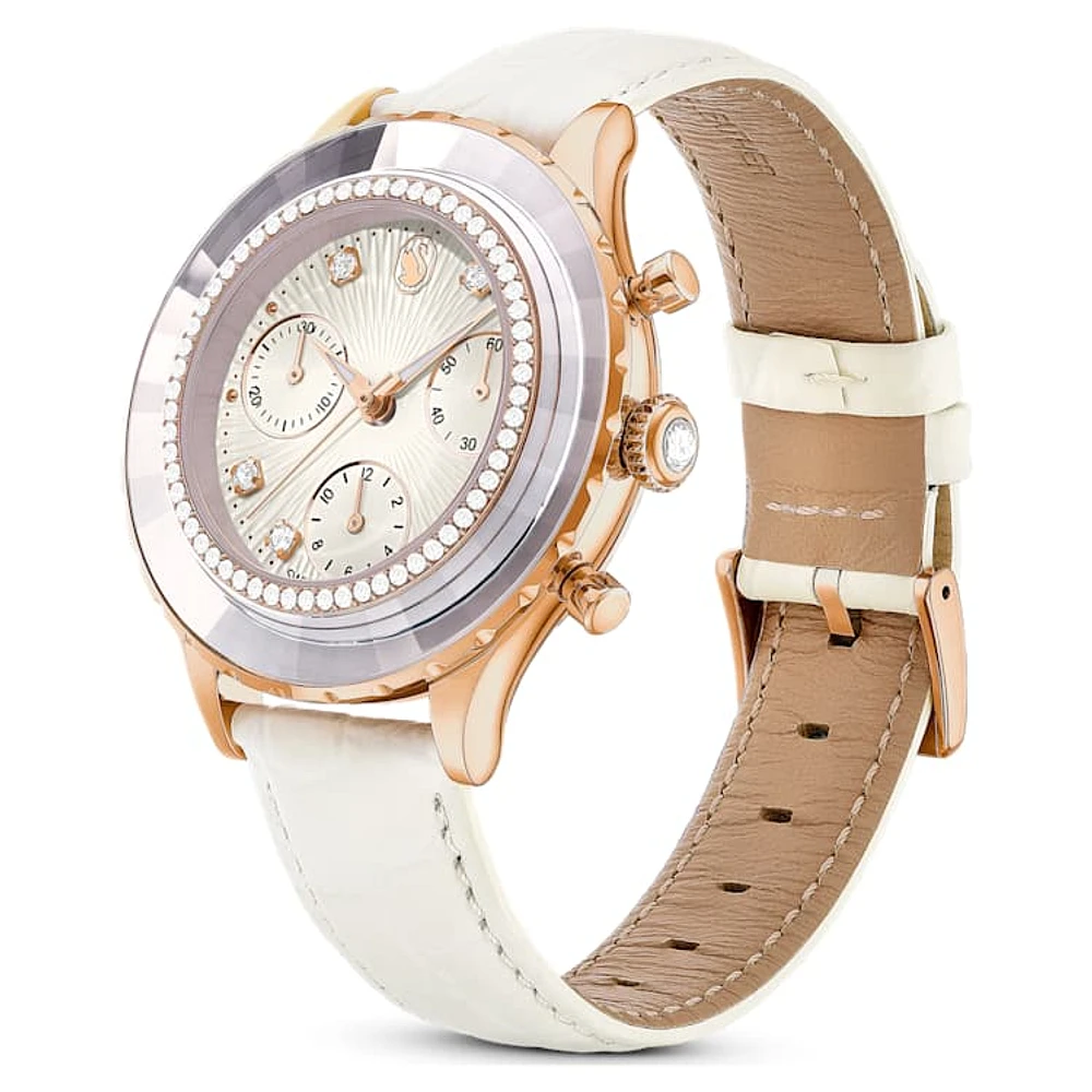 Octea Chrono watch, Swiss Made, Leather strap, White, Rose gold-tone finish by SWAROVSKI