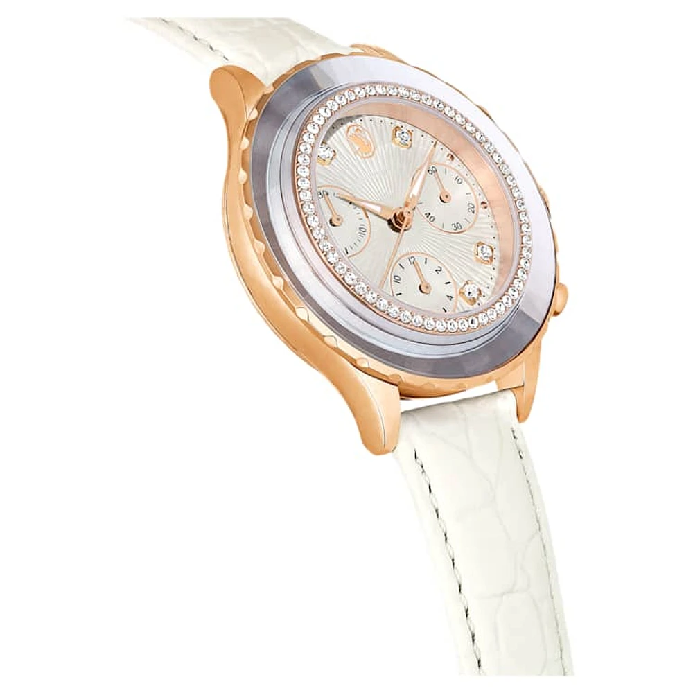 Octea Chrono watch, Swiss Made, Leather strap, White, Rose gold-tone finish by SWAROVSKI