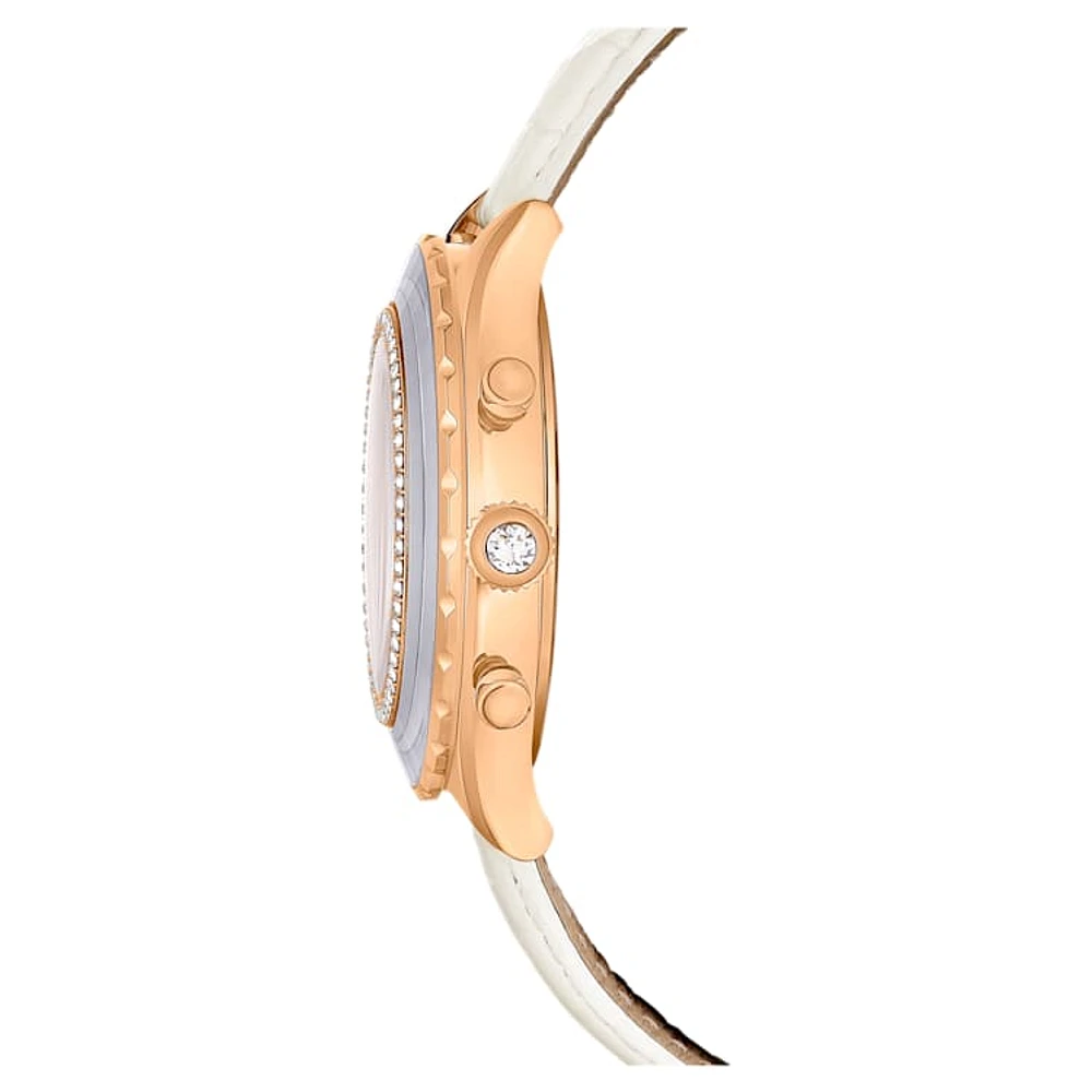 Octea Chrono watch, Swiss Made, Leather strap, White, Rose gold-tone finish by SWAROVSKI