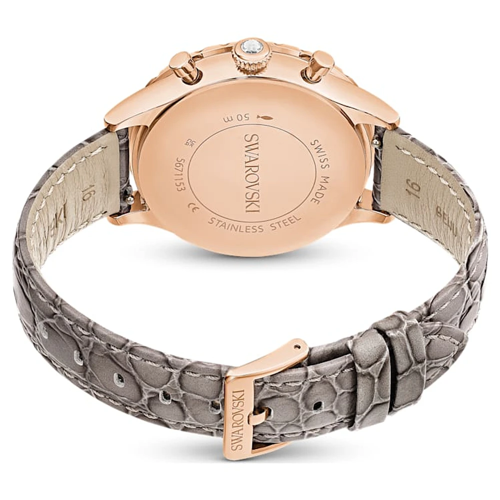 Octea Chrono watch, Swiss Made, Leather strap, Grey, Rose gold-tone finish by SWAROVSKI