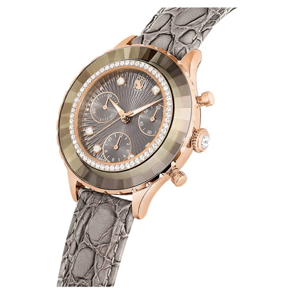 Octea Chrono watch, Swiss Made, Leather strap, Grey, Rose gold-tone finish by SWAROVSKI