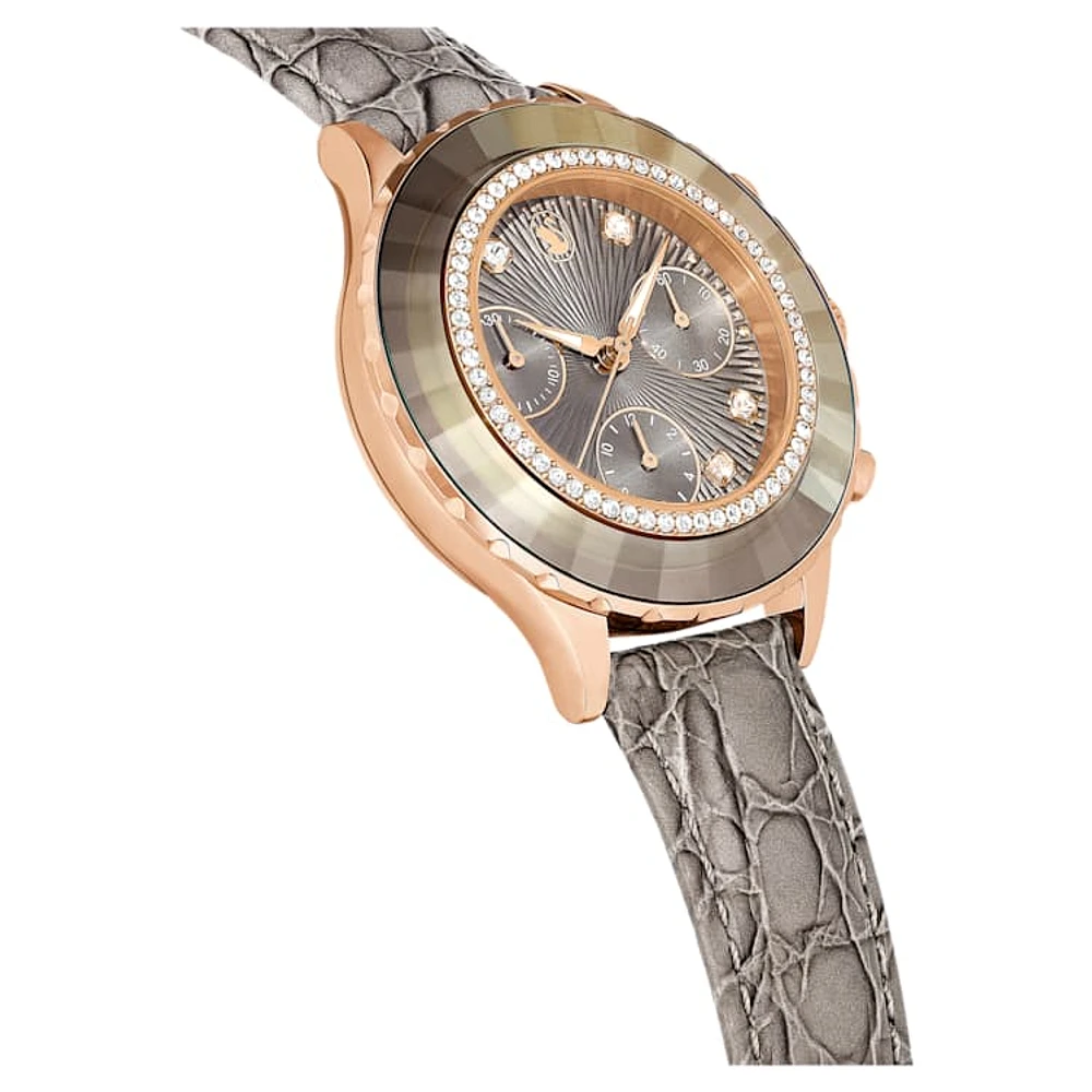 Octea Chrono watch, Swiss Made, Leather strap, Grey, Rose gold-tone finish by SWAROVSKI