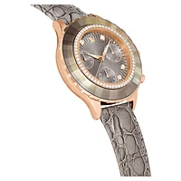 Octea Chrono watch, Swiss Made, Leather strap, Grey, Rose gold-tone finish by SWAROVSKI