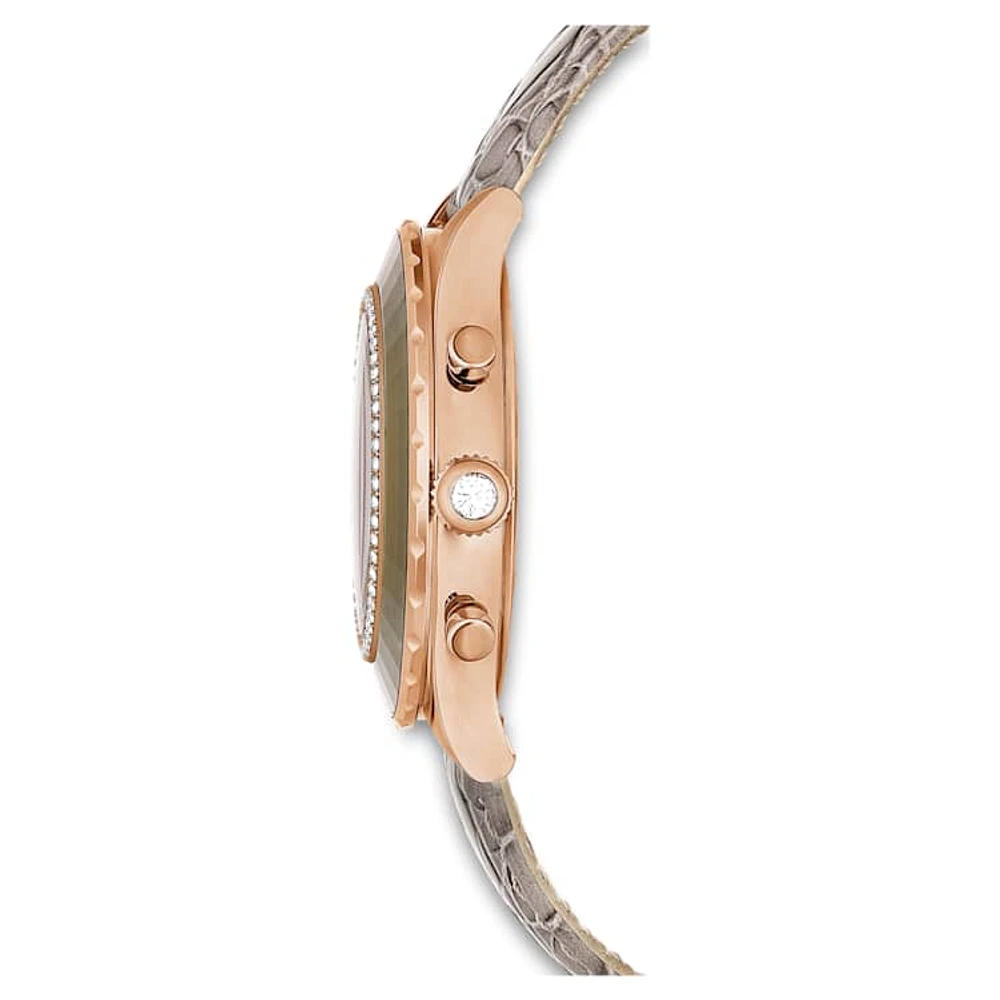 Octea Chrono watch, Swiss Made, Leather strap, Grey, Rose gold-tone finish by SWAROVSKI