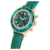 Octea Chrono watch, Swiss Made, Leather strap, Green, Rose gold-tone finish by SWAROVSKI