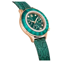 Octea Chrono watch, Swiss Made, Leather strap, Green, Rose gold-tone finish by SWAROVSKI