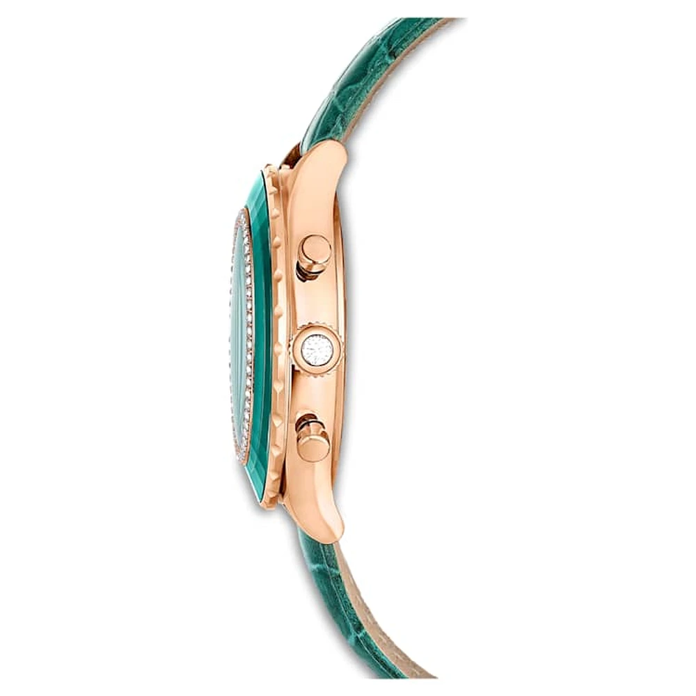 Octea Chrono watch, Swiss Made, Leather strap, Green, Rose gold-tone finish by SWAROVSKI