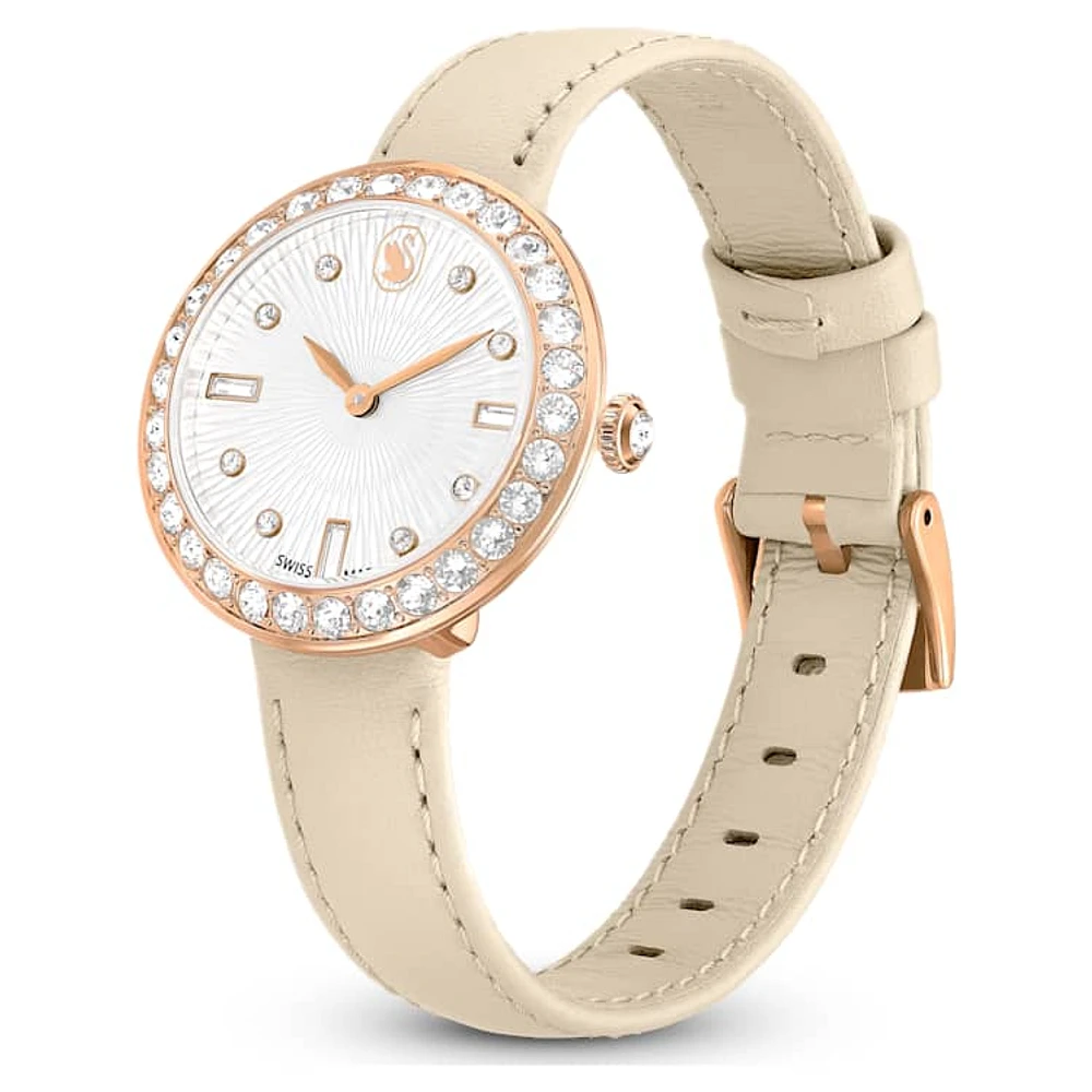 Certa watch, Swiss Made, Leather strap, Beige, Rose gold-tone finish by SWAROVSKI