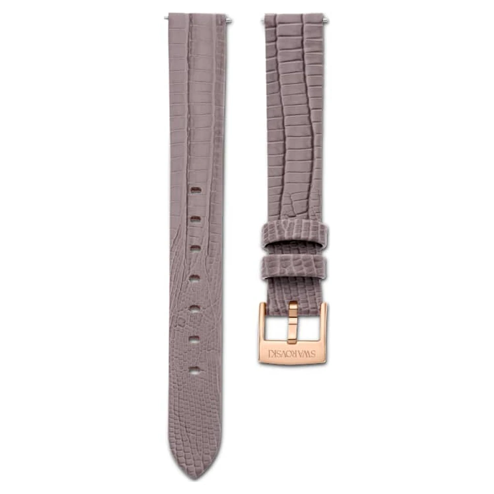 Watch strap, 13 mm (0.51") width, Leather, Gray, Rose gold-tone finish by SWAROVSKI