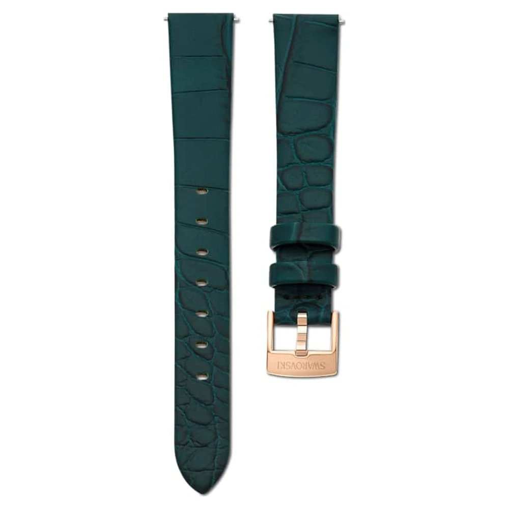 Watch strap, 14 mm (0.55") width, Leather, Green, Rose gold-tone finish by SWAROVSKI