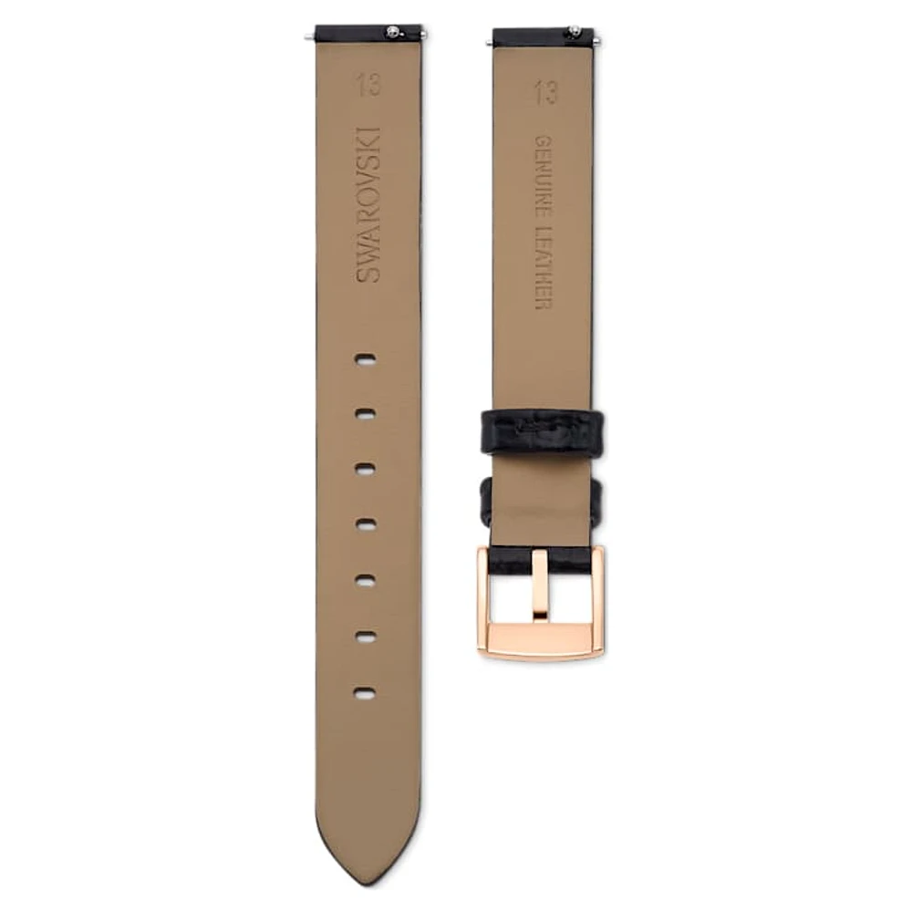 Watch strap, 13 mm (0.51") width, Leather, Black, Rose gold-tone finish by SWAROVSKI