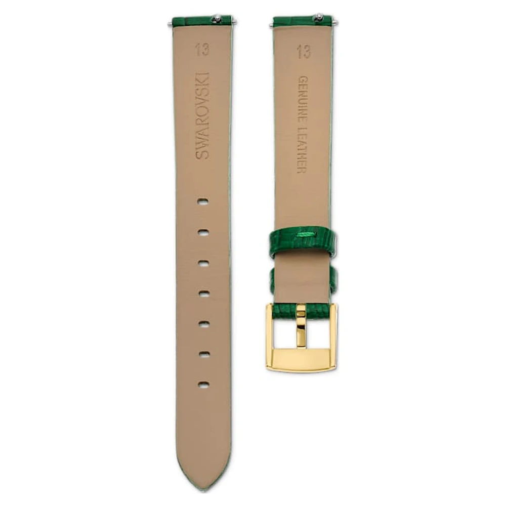 Watch strap, 13 mm (0.51") width, Leather, Green, Gold-tone finish by SWAROVSKI