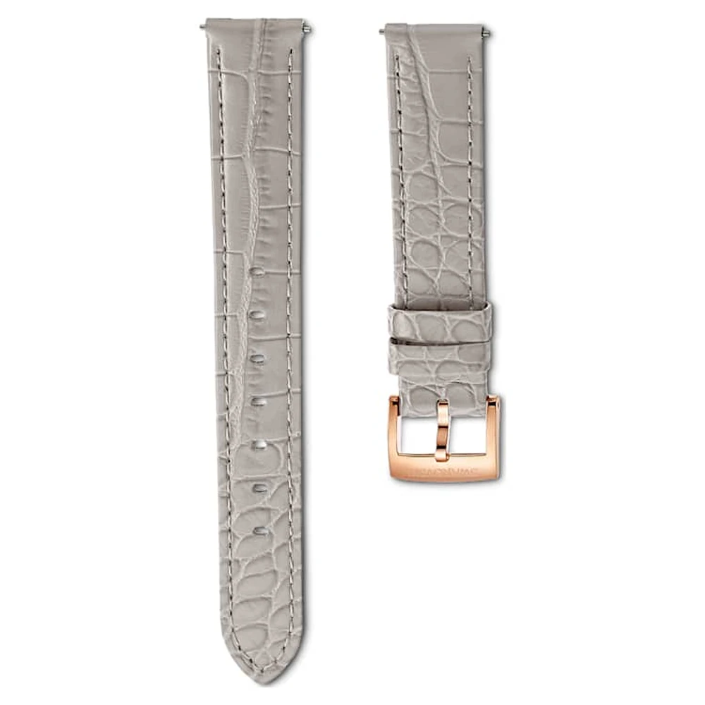 Watch strap, 15 mm (0.59") width, Leather with stitching, Gray, Rose gold-tone finish by SWAROVSKI