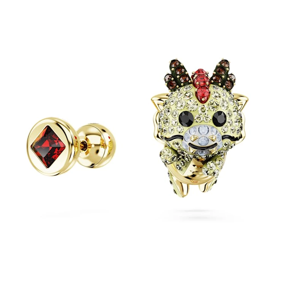 Chinese Zodiac stud earrings, Asymmetrical design, Dragon, Yellow, Gold-tone plated by SWAROVSKI