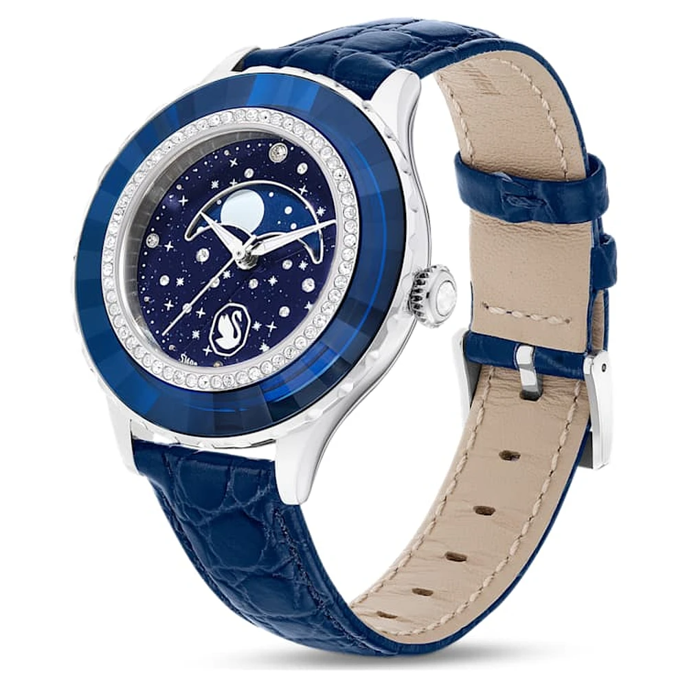 Octea Moon watch, Swiss Made, Moon, Leather strap, Blue, Stainless steel by SWAROVSKI