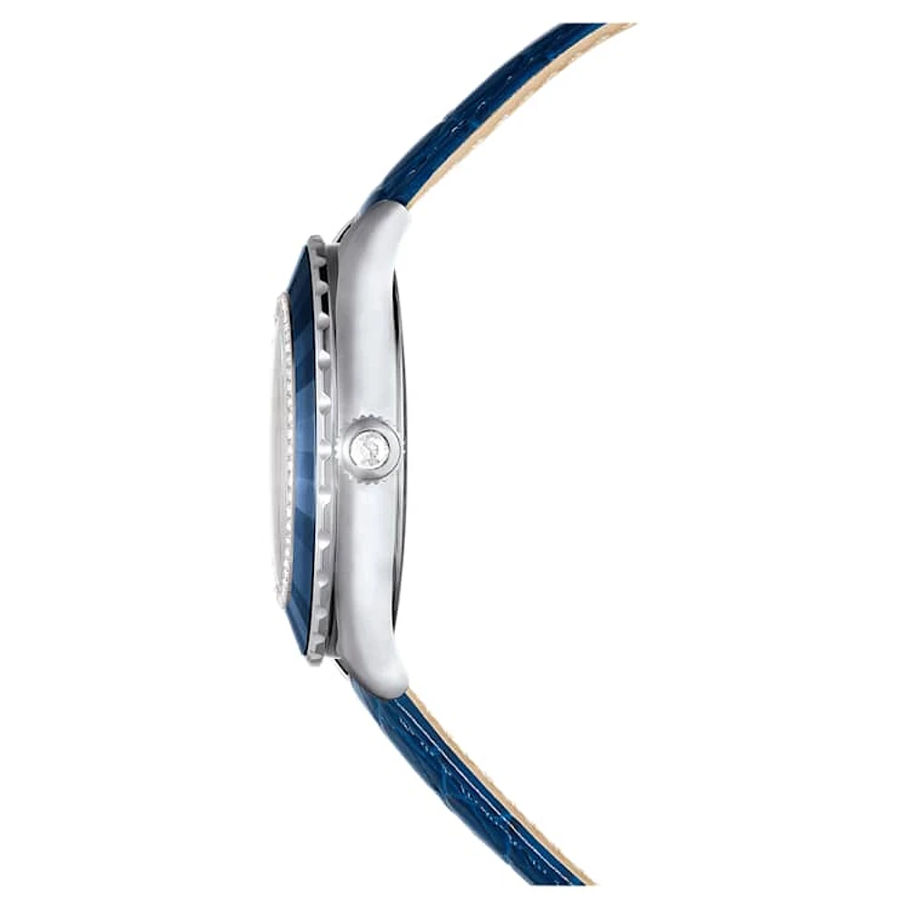 Octea Moon watch, Swiss Made, Moon, Leather strap, Blue, Stainless steel by SWAROVSKI