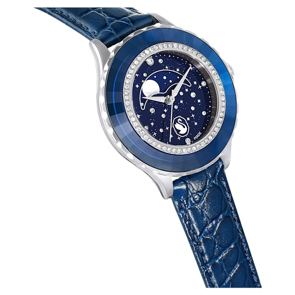 Octea Moon watch, Swiss Made, Moon, Leather strap, Blue, Stainless steel by SWAROVSKI