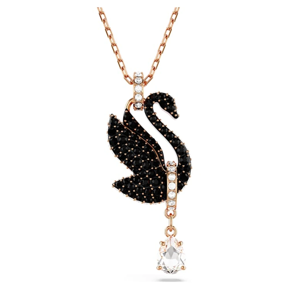 Swan pendant, Swan, Black, Rose gold-tone plated by SWAROVSKI