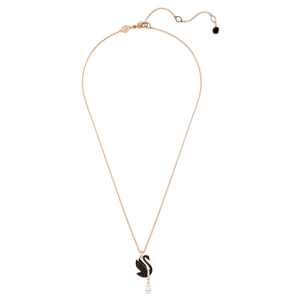 Swan pendant, Swan, Black, Rose gold-tone plated by SWAROVSKI