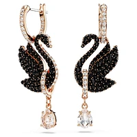 Swan drop earrings, Swan, Black, Rose gold-tone plated by SWAROVSKI