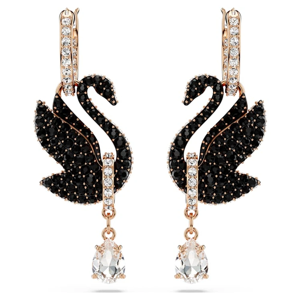 Swan drop earrings, Swan, Black, Rose gold-tone plated by SWAROVSKI