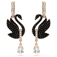 Swan drop earrings, Swan, Black, Rose gold-tone plated by SWAROVSKI