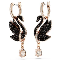 Swan drop earrings, Swan, Black, Rose gold-tone plated by SWAROVSKI