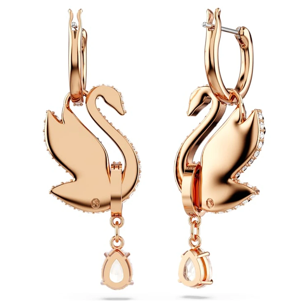 Swan drop earrings, Swan, Black, Rose gold-tone plated by SWAROVSKI