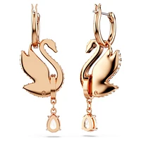 Swan drop earrings, Swan, Black, Rose gold-tone plated by SWAROVSKI